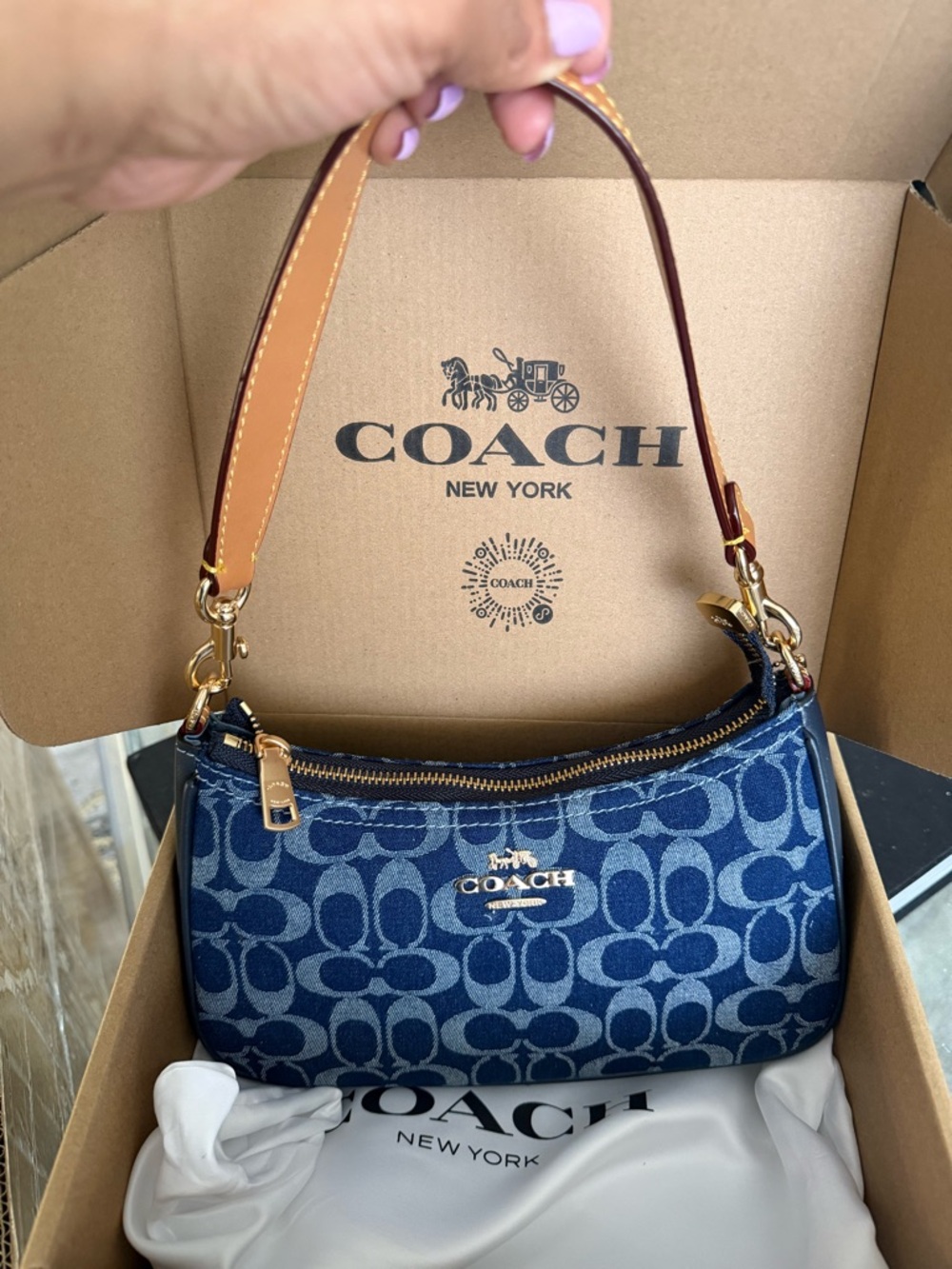 Coach Blue Denim Signature Mini Shoulder Bag with Tan Handle